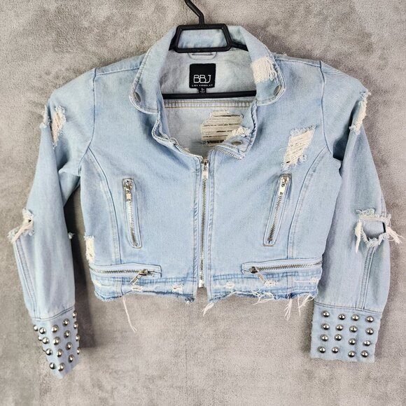Womens BBJ Distressed Blue Denim Crop Jacket Studded Cuffs Full Zip Size S - Picture 2 of 11